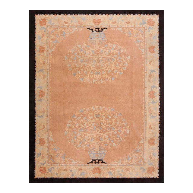 1920s Peach Vase Floral Antique Chinese Art Deco Carpet 9' X 11' 6" Knotted Wool Rug For Sale