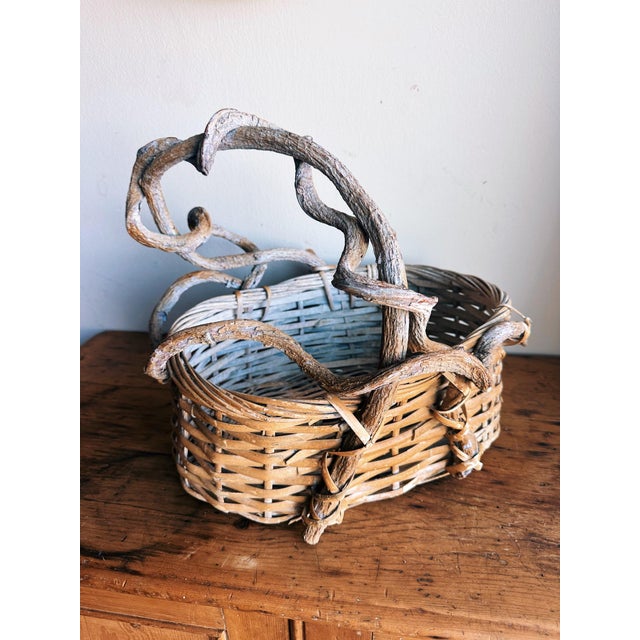 1970s Vintage Twig Handle Basket Woven Oval For Sale - Image 5 of 12