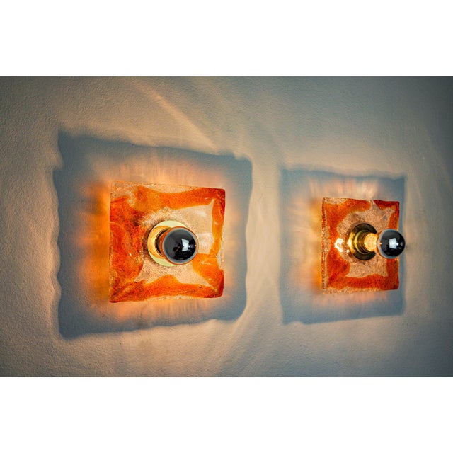 AVMazzega Square Wall Lights in Orange Frosted Glass from Mazzega, Italy, 1970, Set of 2 For Sale - Image 4 of 8