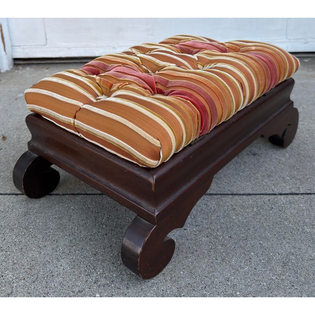 Mid 19th Century Antique American Mahogany Footstool Ottoman W Corzine Silk Velvet Stripe For Sale - Image 5 of 5