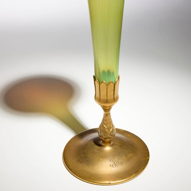 Metal 20th Century l.c. Tiffany Favrile Glass and Gilt Bronze Trumpet Vase, No. 1043 For Sale - Image 7 of 10