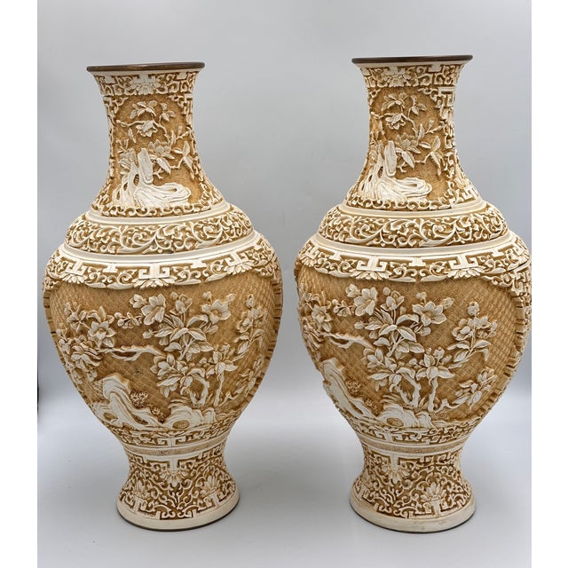 Chinese Antique Chinese Hand Carved Lacquered Cinnabar Over Brass Floral Motif Vase Set For Sale - Image 3 of 12