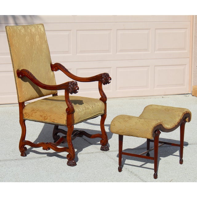 French Antique French Louis XIV Style Armchair & Ottoman Set - Mid 19th Century Carved Lion Head Throne Chair With Original Yellow Upholstery For Sale - Image 3 of 18