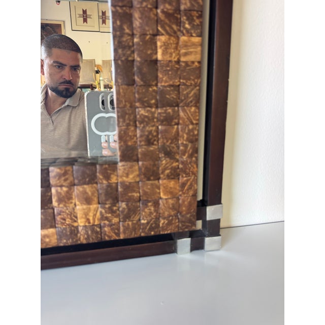 Vintage Coastal Organic Coconut Shell & Wood Wall Mirror With Metal Accents For Sale - Image 9 of 12