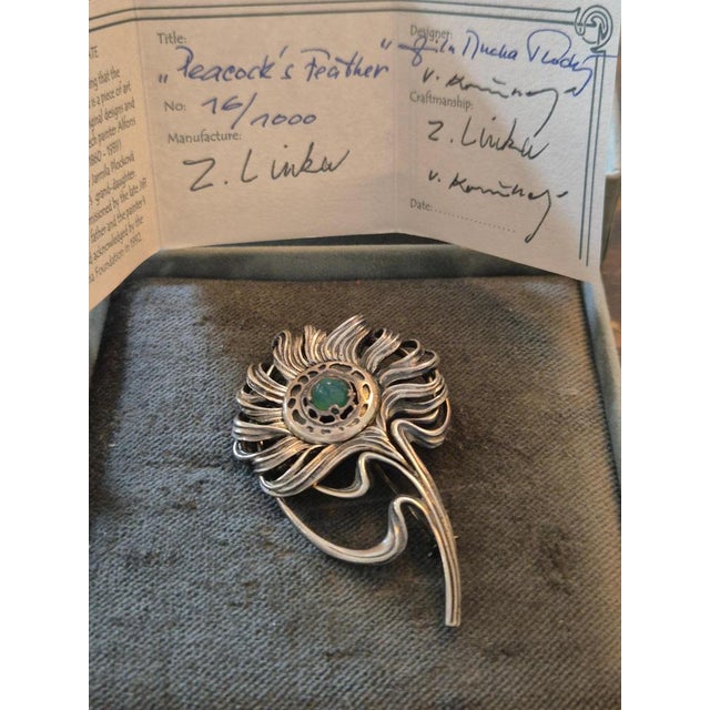 Peacock Feather No. 16/1000 Brooch in Silver & Chrysoprase in the style of Alphonse Mucha, 1992 For Sale - Image 13 of 16