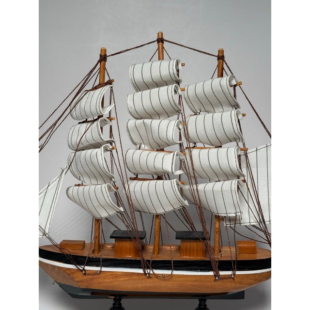 Late 20th Century Vintage Americana Nautical Wooden Decorative Clipper Tall Ship Model, Black, White & Brown For Sale - Image 5 of 12
