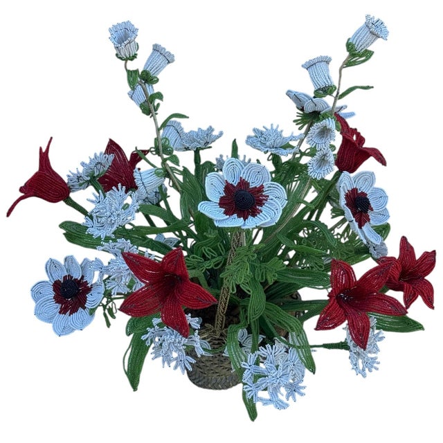 White Vintage French Imortelle Glass Beaded Memorial Basket Bouquet For Sale - Image 8 of 12