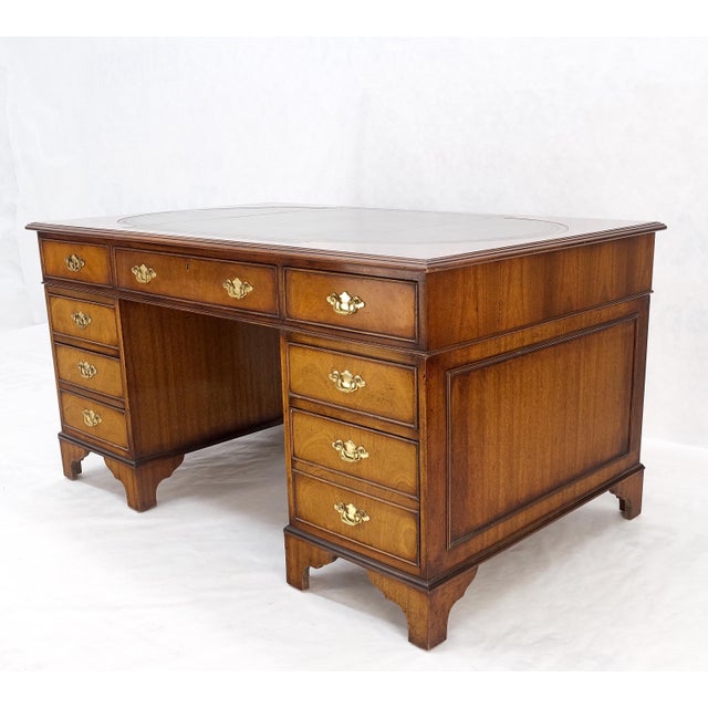 Large Embossed Green Leather Top Flame Mahogany Double Pedestal Federal Desk For Sale - Image 12 of 12