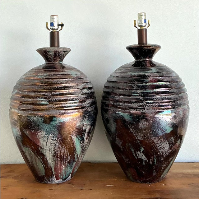 Ceramic Vintage Glazed Metallic Ceramic Lamps - Set of 2 For Sale - Image 7 of 18