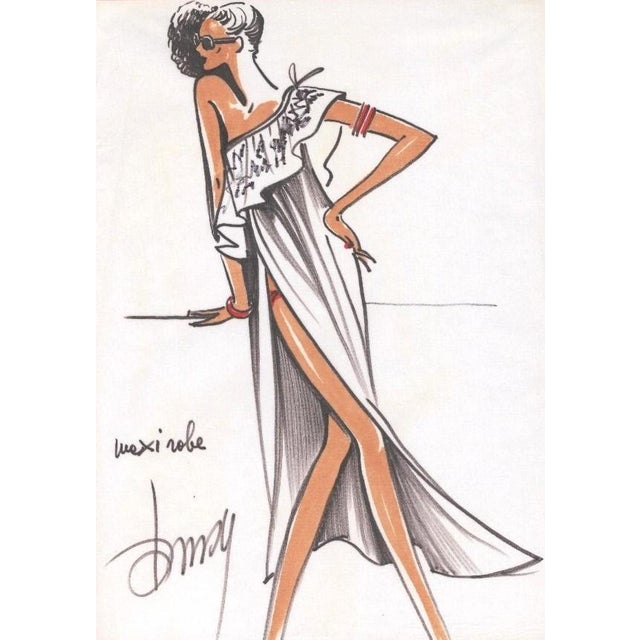 1980 Original French Fashion Drawing, Summer, Beach, Cruisewear-Pen and Ink, For Sale - Image 4 of 4