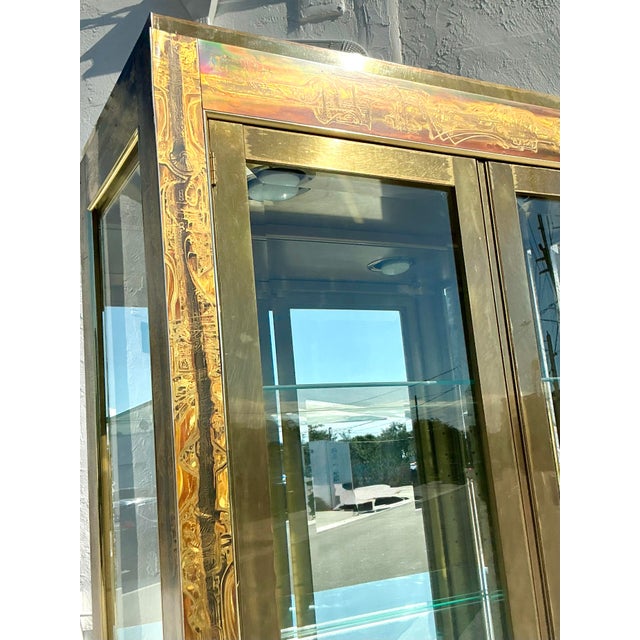Mid-Century Modern Vintage Boho Bernard Rhône for Mastercraft Acid Etched Brass Cabinets - A Pair For Sale - Image 3 of 9