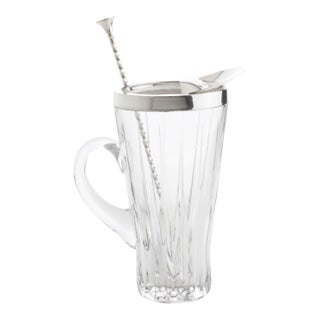 1940s Silver Plate and Crystal Barware Cocktail Martini Pitcher with Stirrer Spoon For Sale