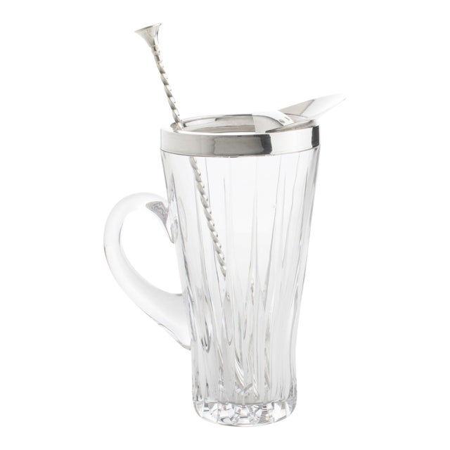 1940s Silver Plate and Crystal Barware Cocktail Martini Pitcher with Stirrer Spoon For Sale