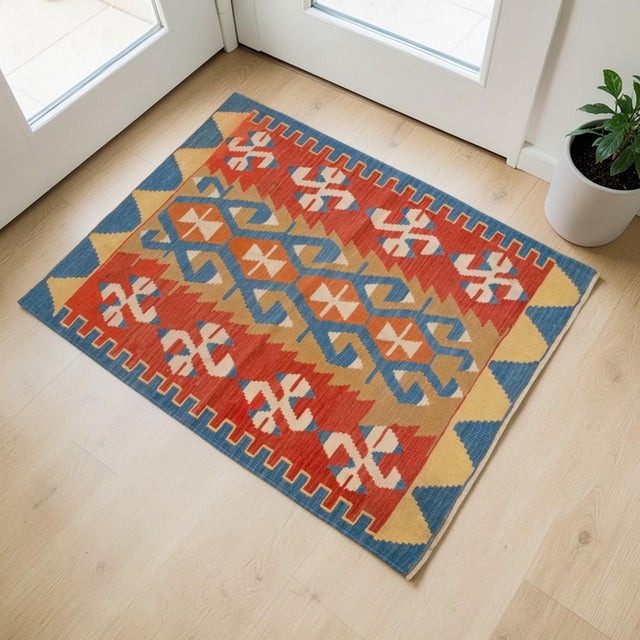 Contemporary Flat Weave Kilim Rug, Vintage Oushak Rug Village Wool, Red Gold Blue Geometric, 3x4 Ft Approx For Sale - Image 3 of 16