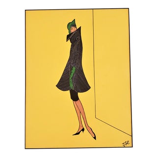 1950s French Original Couture Fashion Drawing in Gouache With Documentation, Matted For Sale