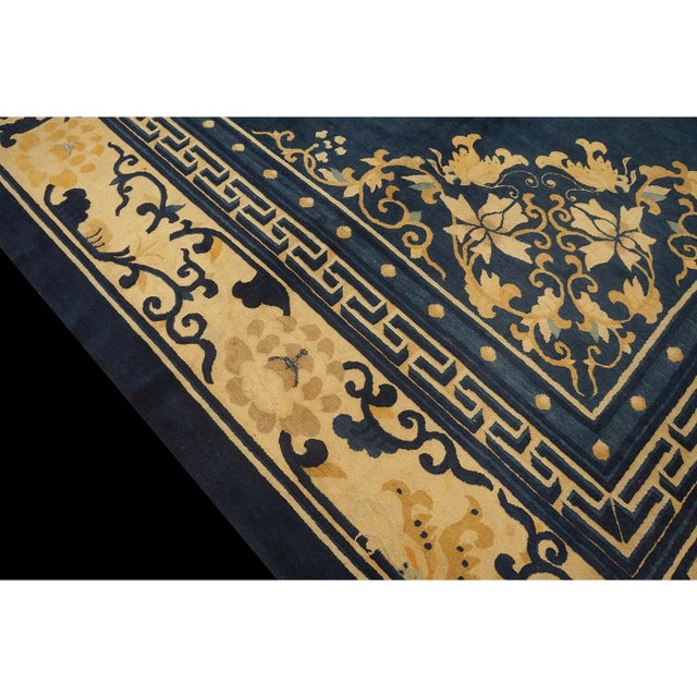 1890s Blue Field Classic Greek Key Antique Chinese Peking Rug 13' 9'' X15' 3'' For Sale - Image 9 of 10