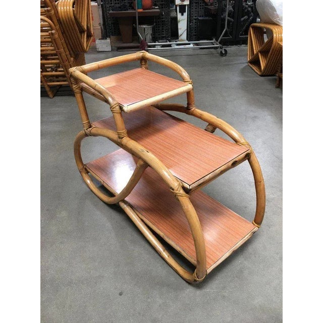 1950s Restored 3/4 Pretzel Rattan Three-Tier Side Table, Pair For Sale - Image 4 of 13