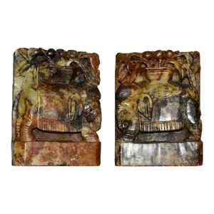 Vintage Chinese Carved Soapstone Book Ends W/Elephant Details
