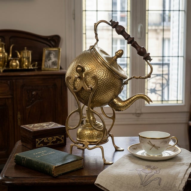 This exquisite antique French spirit kettle (bouillotte) is a quintessential example of Art Nouveau functional art,...