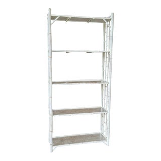 Vintage Coastal Distressed Bamboo Étagère Shelf With Cane Shelves For Sale