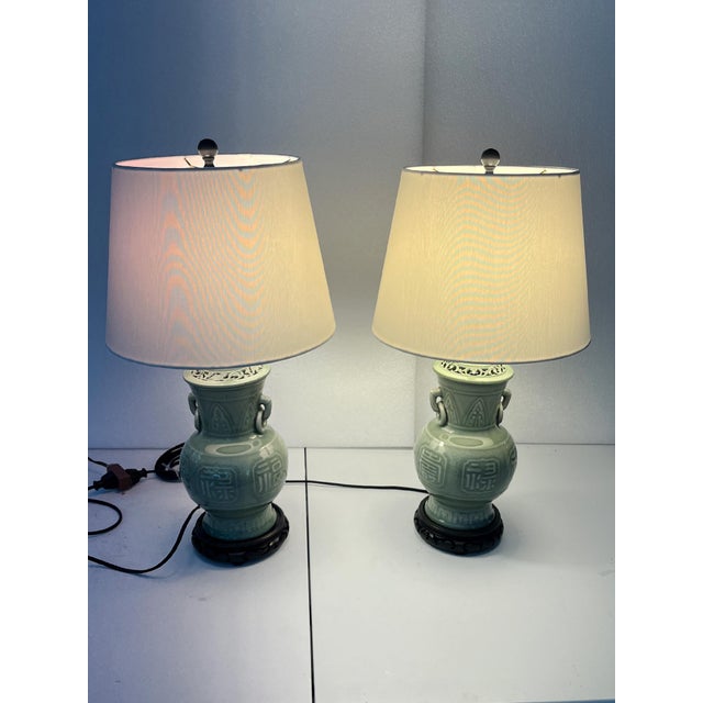 1940s Chinese Celadon Green Ceramic Table Lamps - A Pair For Sale - Image 11 of 12
