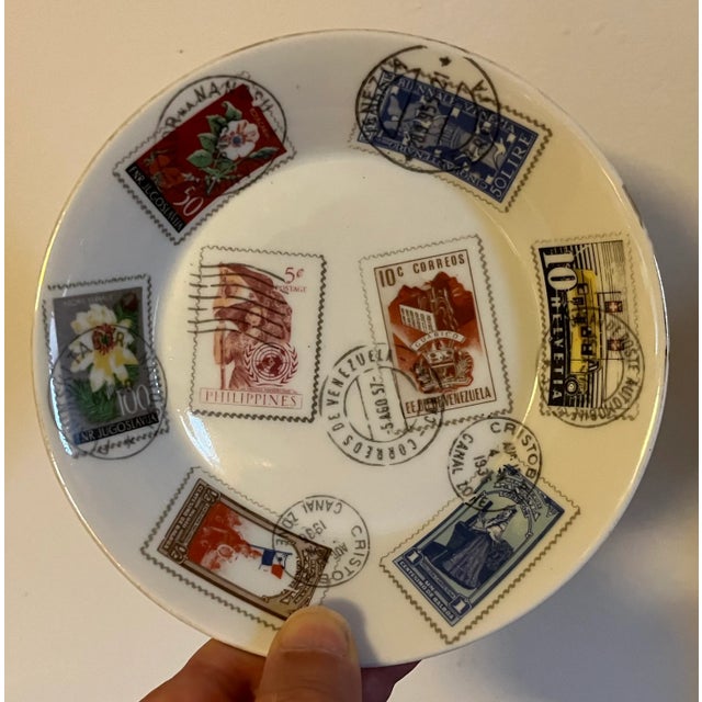 Red Mid-Century Modern Richard Ginori Italian Porcelain Dishes Decorated With World Postage Stamps - a Pair For Sale - Image 8 of 11