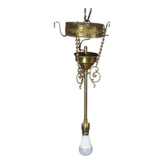 Antique Victorian Brass Filligree Acanthus 1 Light Parlor Drop Pendant 19" For Sale