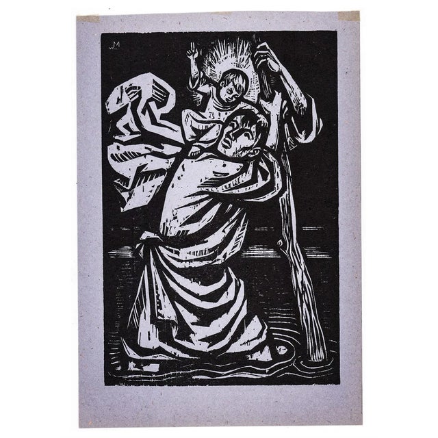 Biblical woodcut by German artist Walter Mellman (1910-2001) "Saint Christopher" woodcut on paper. Unsigned, with original...