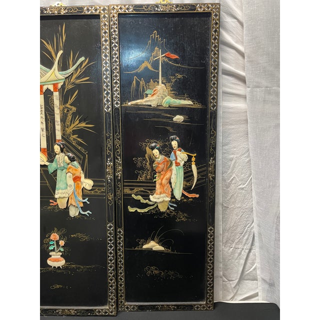 1960s Chinese 4 Panel Wall Hanging For Sale - Image 4 of 7