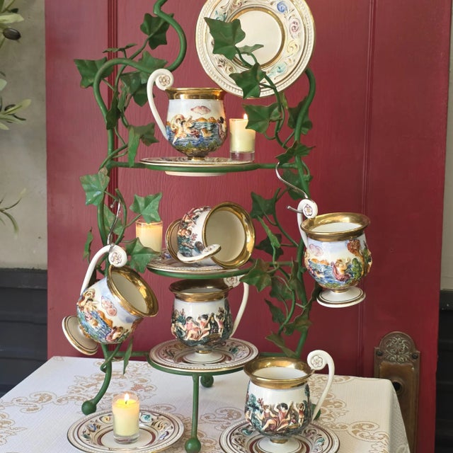 Baroque 1950s Vintage Porcelain Tea Cup & Saucer Set Hand-Painted White, Gold & Jewel Tones- 12 Pieces For Sale - Image 3 of 18