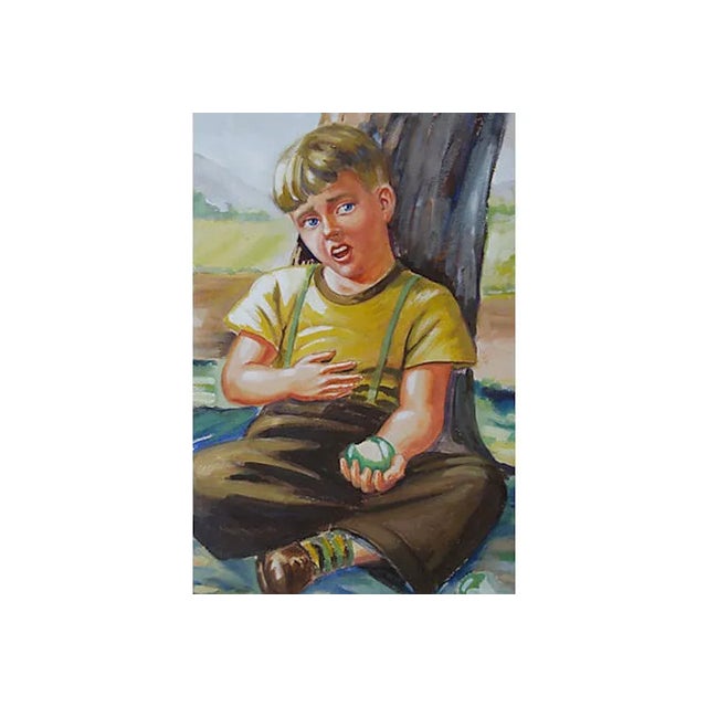C.1940s Boy Eating Green Apples Watercolor For Sale - Image 6 of 9
