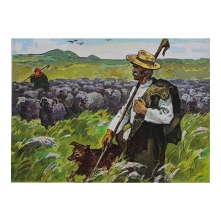 Ukrainian Shepherd Gouache Painting: Vintage Soviet Art, 1987 30-41 For Sale
