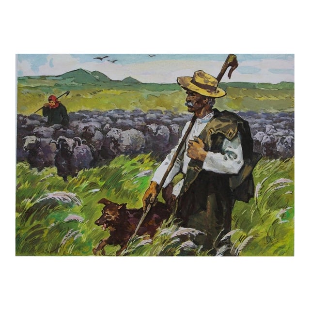 Ukrainian Shepherd Gouache Painting: Vintage Soviet Art, 1987 30-41 For Sale