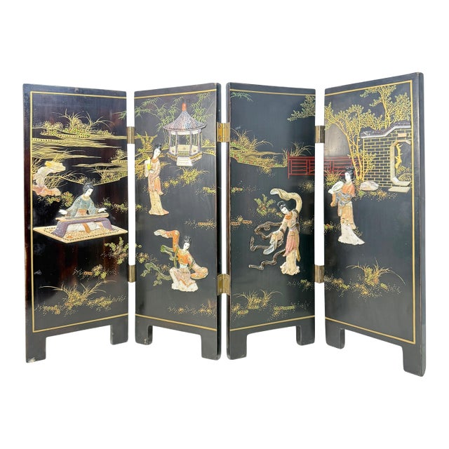 Vintage Japanese Lacquer & Hardstone Tabletop Screen (Dual-Sided) For Sale