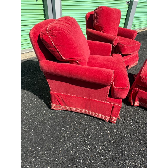 Pair of Pearson Armchairs With Matching Ottomans — Classic Skirted Lounge Chairs • Designer Upholstery For Sale - Image 9 of 12