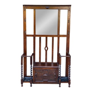 Antique Victorian English Oak Barley Twist Mirrored Hall Tree Bench For Sale