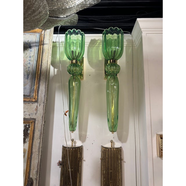 2000 - 2009 Pair of Murano Apple Green Torch Sconces For Sale - Image 5 of 6