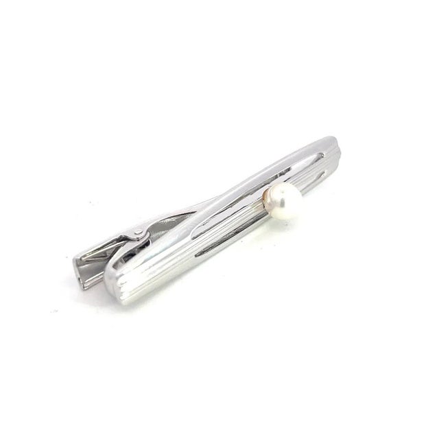Contemporary 1990s Mikimoto Estate Akoya Pearl Tie Bar Sterling Silver 6.35 mm For Sale - Image 3 of 7