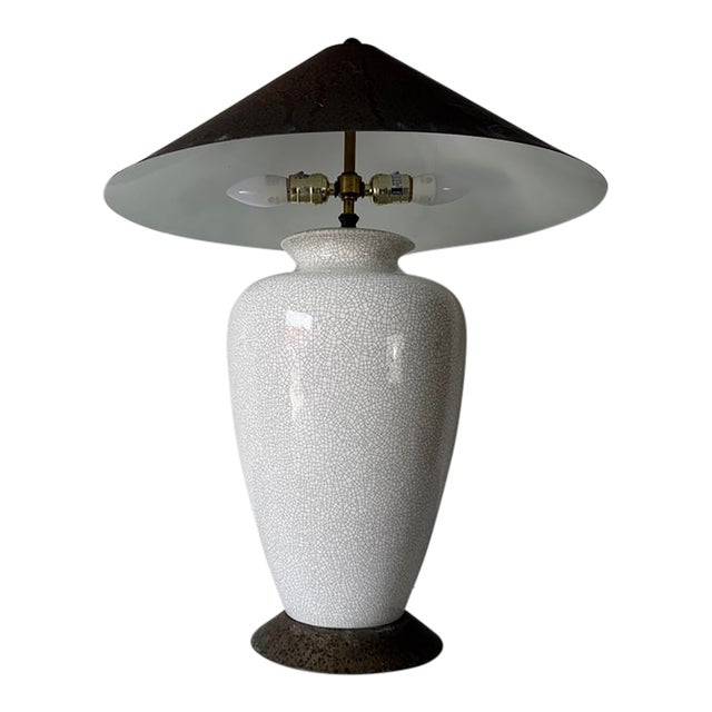 1980s Postmodern Crackle Glazed Ceramic Table Lamp With Metal Conical Shade For Sale