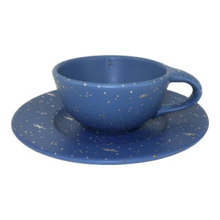 Emilia Castillo Ceramic Pottery Celestial Cup & Saucer With Silver Overlay For Sale