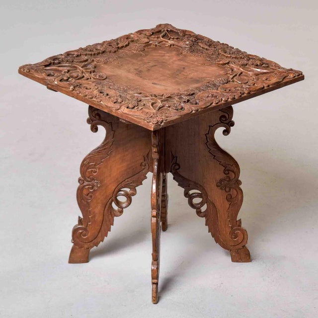 Wood Anglo-Indian Carved Hardwood Folding Occasional Table With Burl Top For Sale - Image 7 of 9