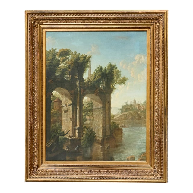 19th-Century Italian Oil on Canvas Classical Landscape with Arch Bridge Ruin For Sale