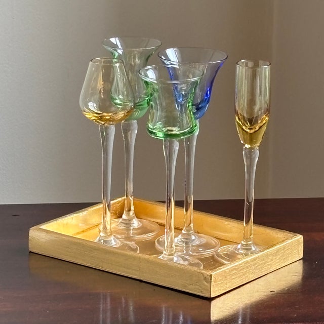 Vintage Hand-Blown Cordial / Liqueur Glasses & Giltwood Tray For Sale - Image 4 of 13