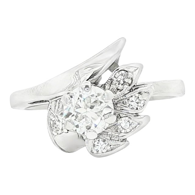 Mid Century Old European Cut 14k White Gold Spray Ring, Size 6.5 For Sale