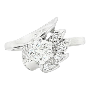 Mid Century Old European Cut 14k White Gold Spray Ring, Size 6.5