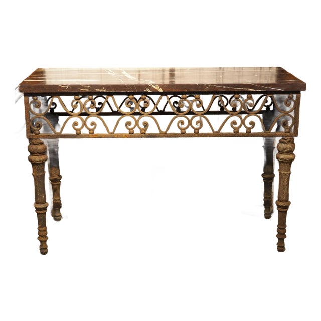 Antique French Cast and Wrought Iron Console Table With Rouge Griotte Marble Top, 19th Century For Sale