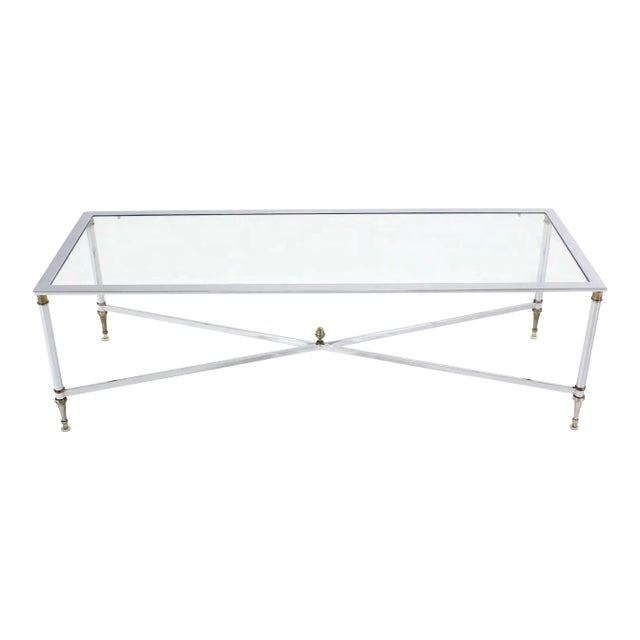 Vintage Chrome Brass X Base Glass Top Long Rectangle Coffee Table For Sale - Image 9 of 9