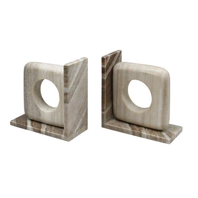 Brand new, special order item. Not vintage. The beige Rover Marble Bookends feature a rounded edged circle cutout atop a...
