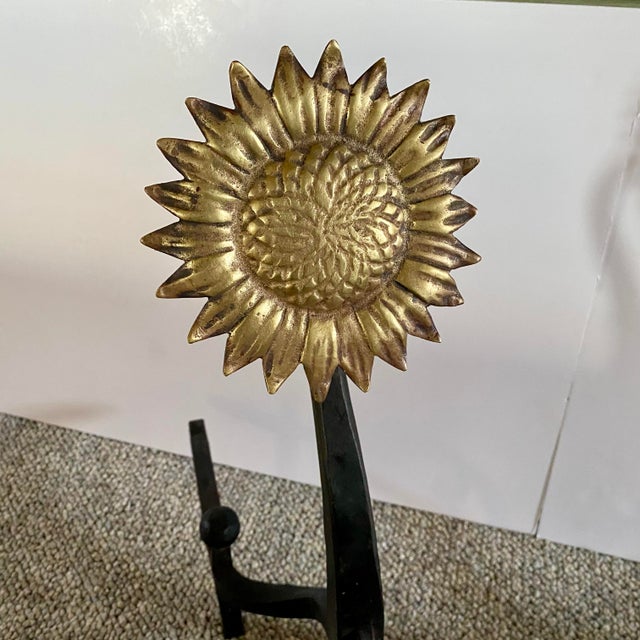 Brass Iron and Brass Sunflower Andirons - A Pair For Sale - Image 8 of 18