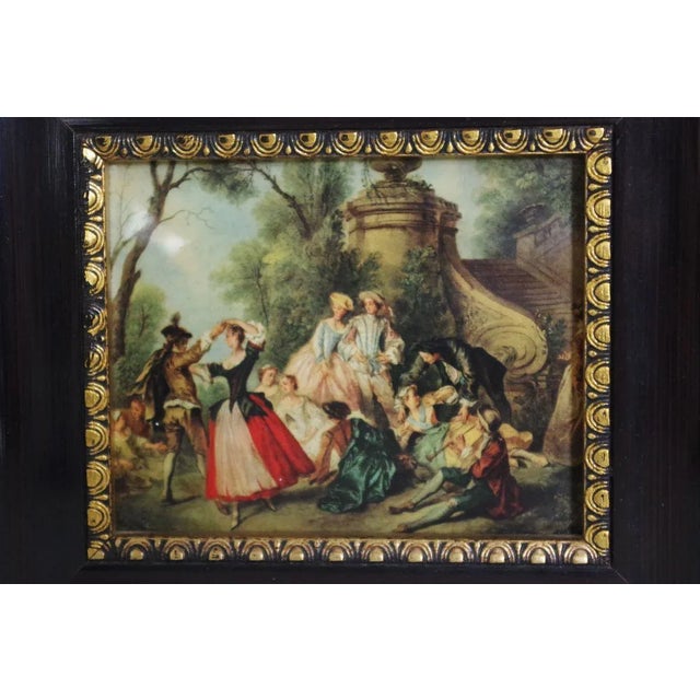 Small picture on wood with antique print and red velvet on the rear side. 70s.